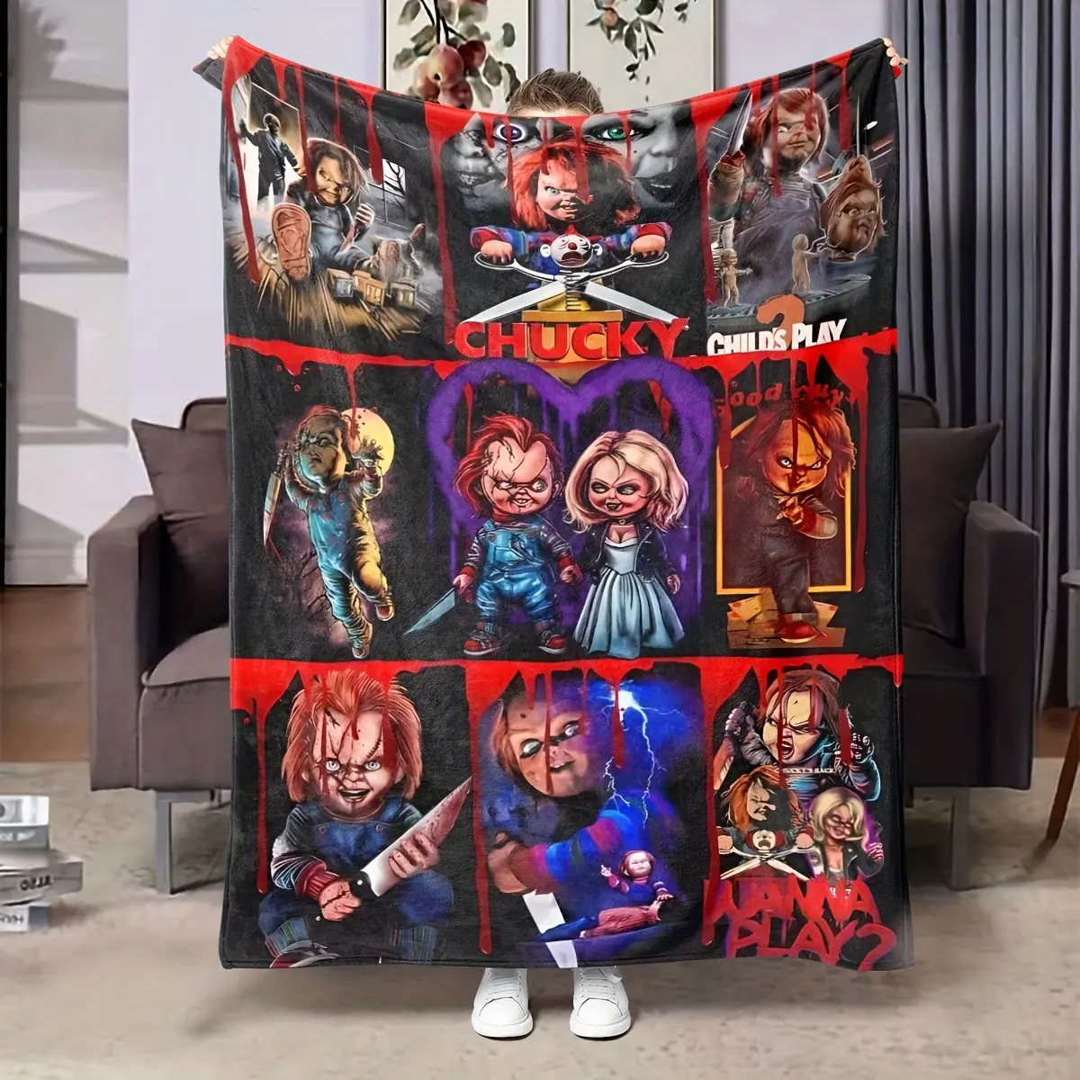 Chucky Horror Movie Series Flannel Throw Blanket Soft Lightweight Asian Style Knit Digital Print Plush Blanket For Sofa Bed Travel Ideal Halloween Decoration Gift All Seasons