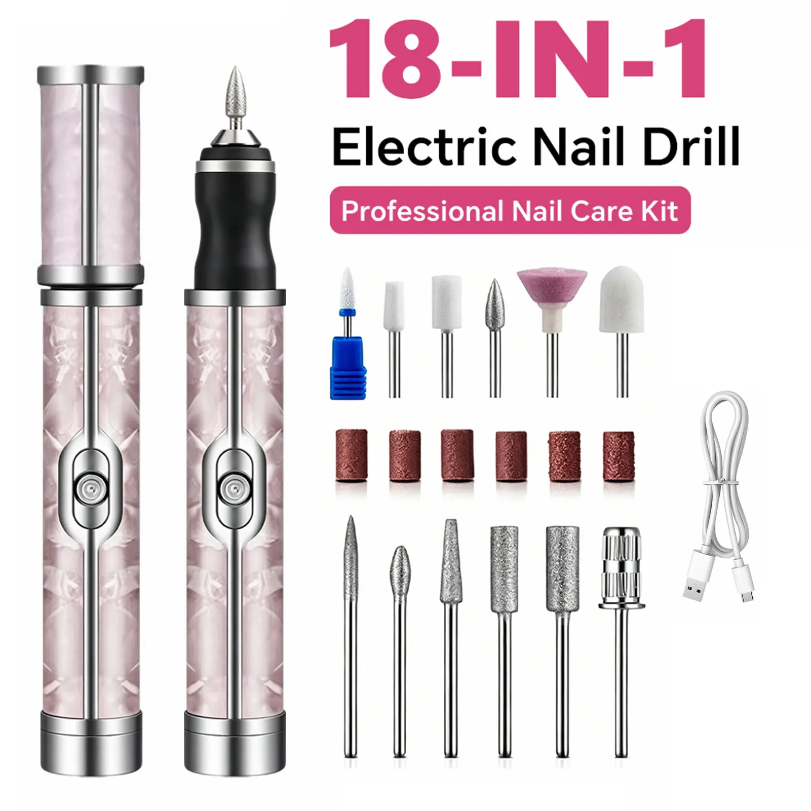 Compact Single Item 18-in-1 Cordless Electric Nail Drill - Nail File, 4 Adjustable Speeds, Low Noise, Smooth Care Tool for DIY Manicure, Pedicure at Home Polishing, 18 Grinding Heads