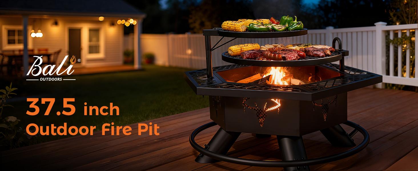 BALI OUTDOORS Hexagon Fire Pit with BBQ Grill 37.5" Outdoor Fire Pit for Wood Burning Patio Firepits with Adjustable Grilling Plates and Charcoal Tray TikTokShopBlackFriday