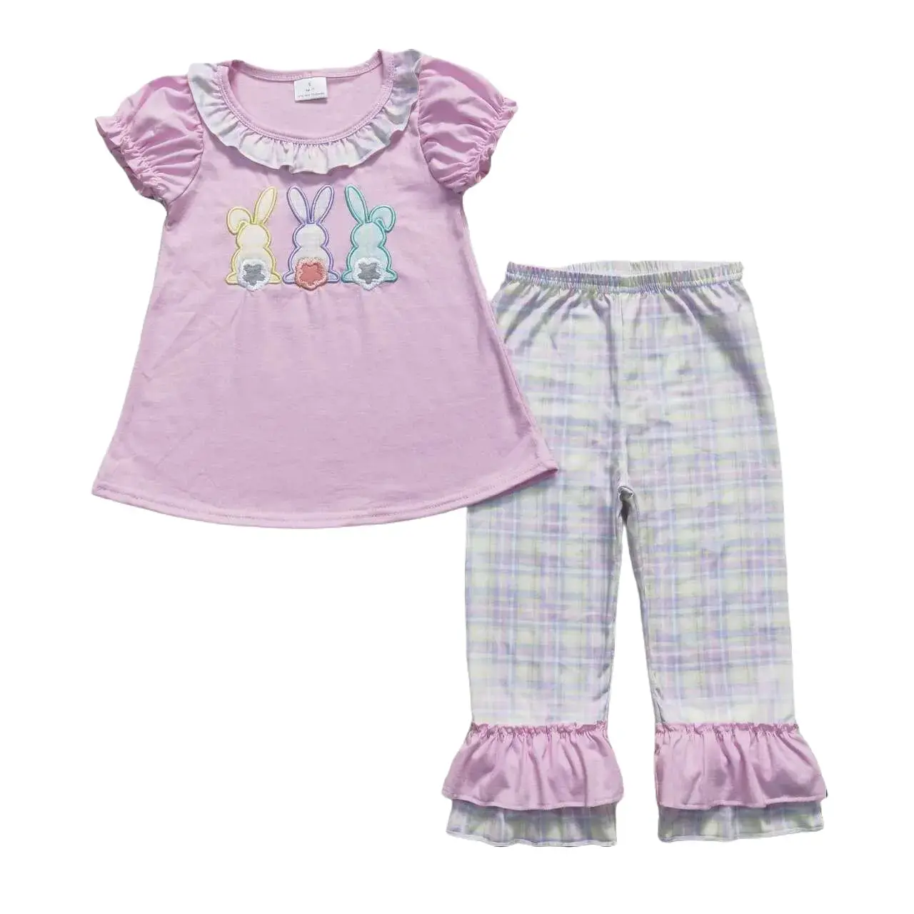 Cocokids Girls Bunny Embroidery Easter Outfit Purple Rabbit Spring Pants Set Kids Girl Easter Clothing Set