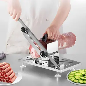 Manual Meat Slicer for Frozen Food with 10 Free Bags, Kitchen Cutter with Adjustable Thickness (0.3mm-8mm), M-Shape Stable Base, Dual Bearings & High-Elastic Feed System for Shaved Beef, Lamb & Vegetables, Stainless Steel & Dishwasher Safe Blades