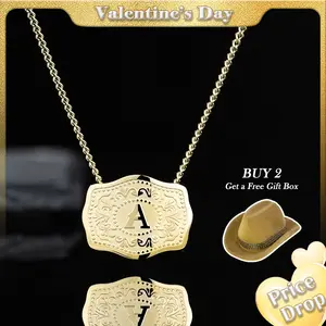 Holylegend 14K Real Gold-Plated Initial Letter Pendant Necklace with Embossed Belt Buckle CowTag Western Style Jewelry Gift for Men Women Buy 1 Get 1 Free Chain 18"+2" Extender Length Handmade Perfect Gift