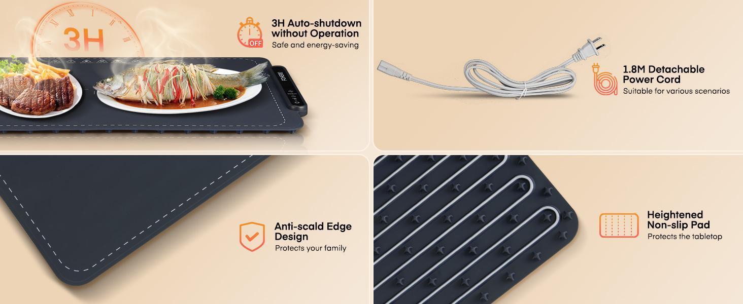 FOHERE Warming Mat for Food Full Surface Heating, 3 Modes, Electric Heating Tray, Keep Food Warm or Defrost, Suitable for Daily Home Use, Parties, Multifunctional, Rollable