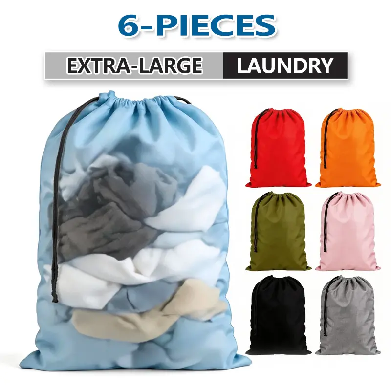6-Piece Random Color Extra-Large Polyester Drawstring Washing Bags (24x39in), Foldable Durable Rollable Laundry Sacks, Large Capacity Portable Organizers for Home & Travel, Fit Hampers or Baskets, Drawstring Bag, Large Capacity Washing Bags