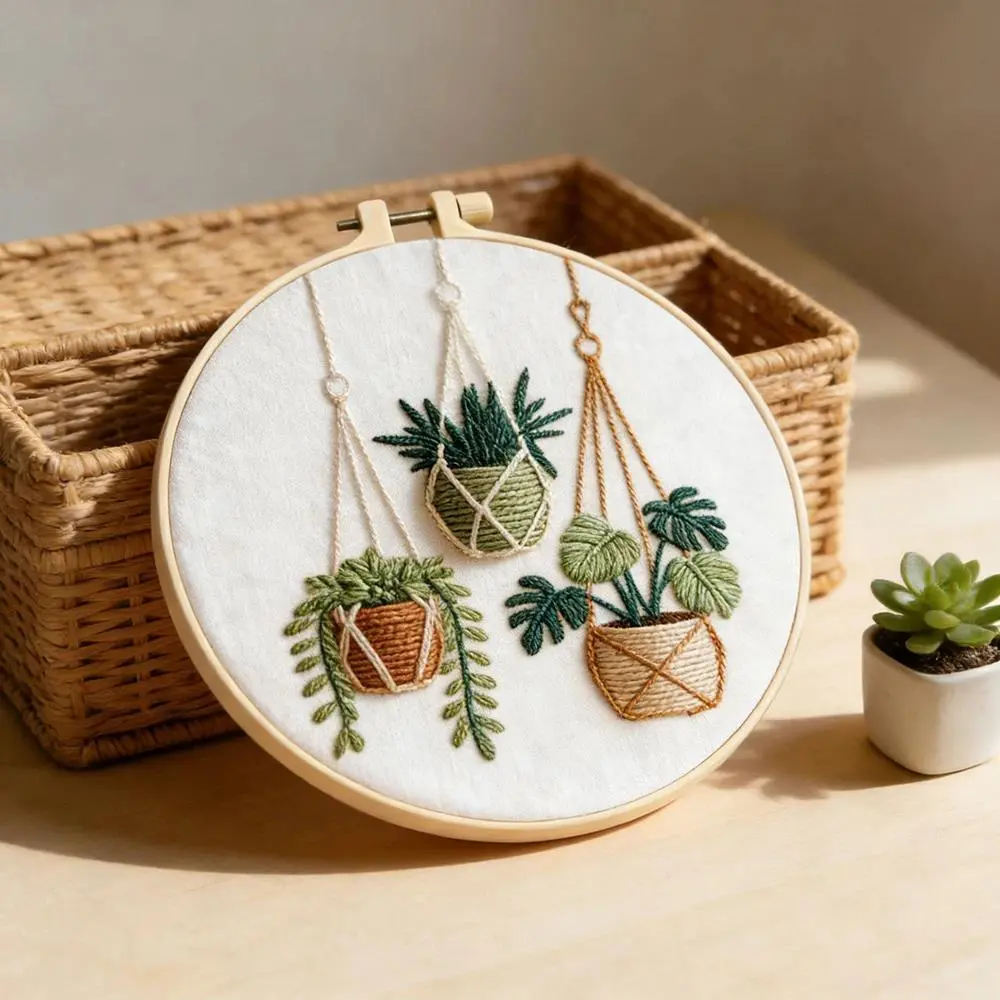 Beginner-Friendly DIY Embroidery Starter Kit - Mixed Textile Plant-Printed Fabric Supplies, Cross Stitch Material Pack for Adults, Room Decor Stress Relief Craft Toy