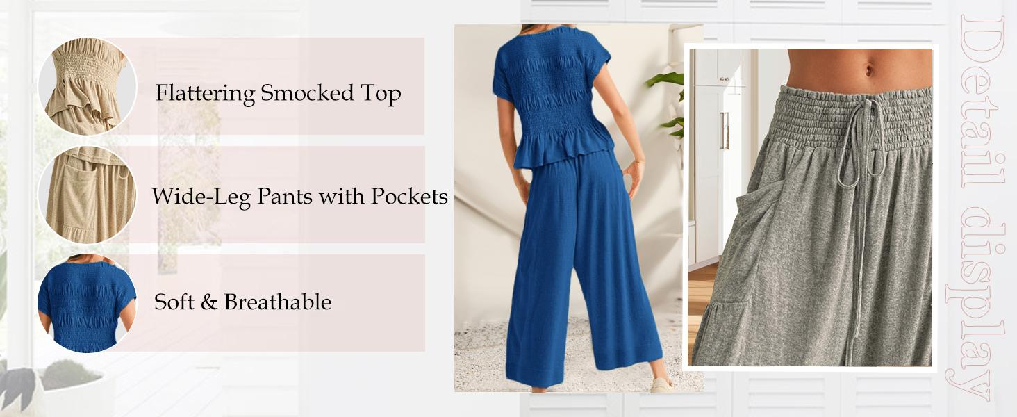 Tanming Women’s FallFreshness 2-Piece Smocked Top & Wide-Leg Pants Set–High-Waisted Lounge Outfit with Pockets Casual Boho Matching Set