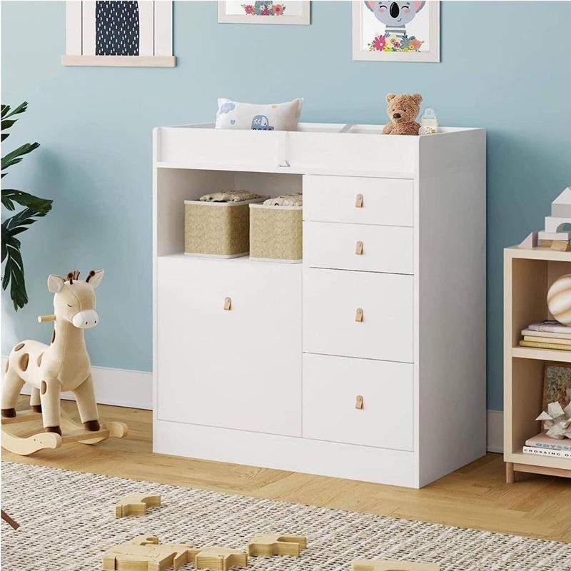 FUFU&GAGA Modern Nursery Dresser Chest with 5 Drawers, 2 Open Shelves & Guard Table Top, Wood Dresser Storage Chest of Drawers