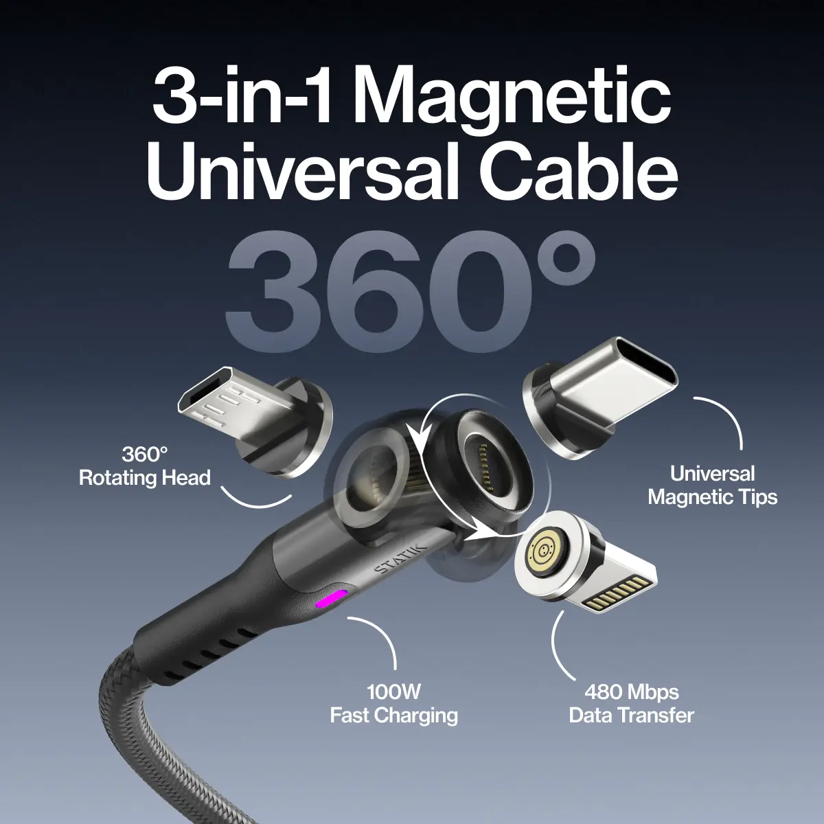 STATIK 360 Pro 3-in-1: Universal Magnetic Charging Cable | 100W Fast Charge | 360 Rotating Head | USB-C, Lightning & Micro-USB Tips | For iPhone, Android, Tablets & Headphones