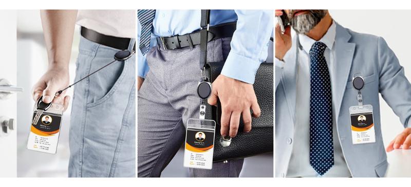 [New Deal] 2 Pack ID Badge Holders with Metal Clip and Keyring - Vertical Clear Plastic ID Card Holders (2.5" x 3.4") - Retractable 24" Pull Cord for Office, School,