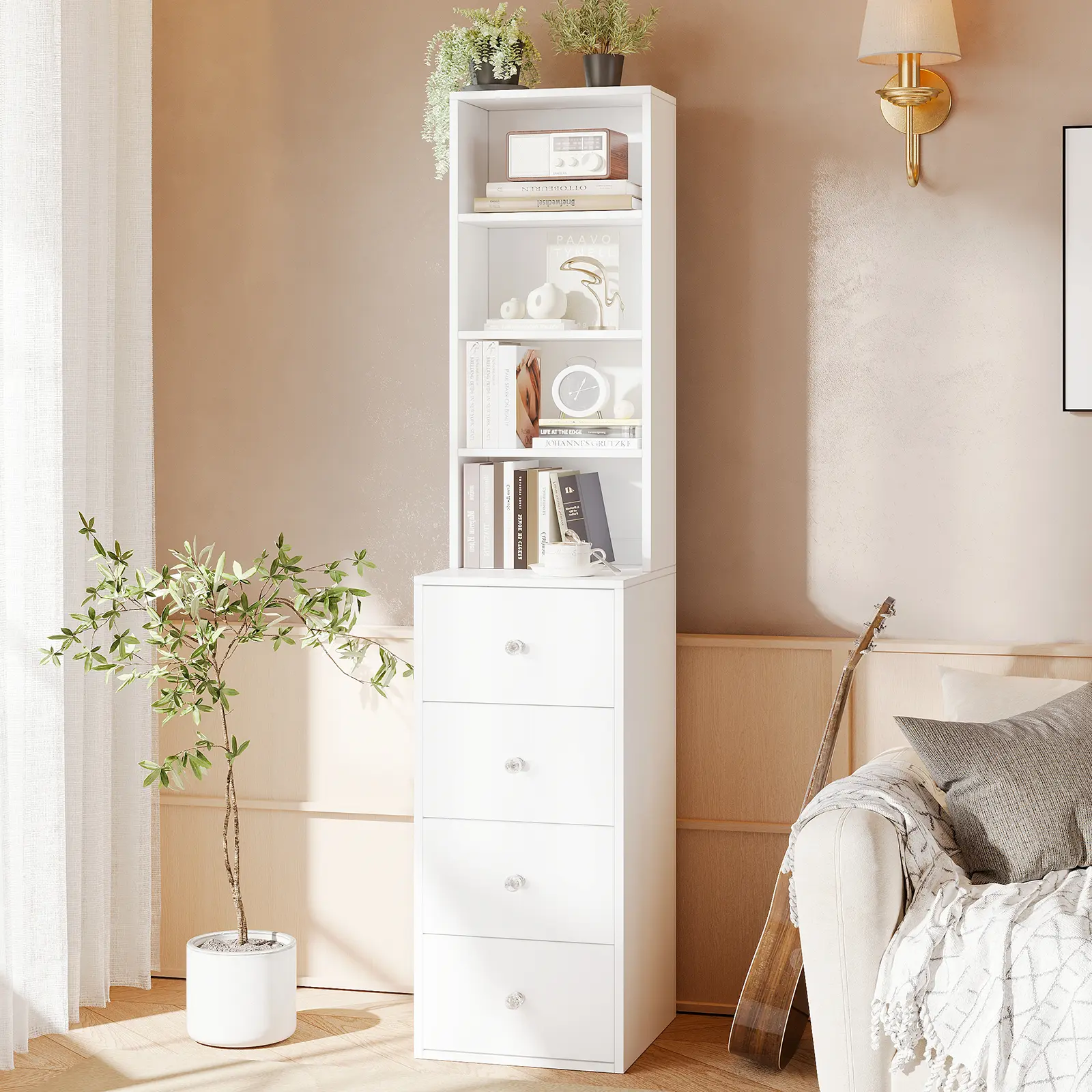 VOWNER 4 Tier Stand Shelf with 4 Drawers Modern Decor Beside Table Nightstand Narrow Dresser Sideboard for Vanity Bedroom