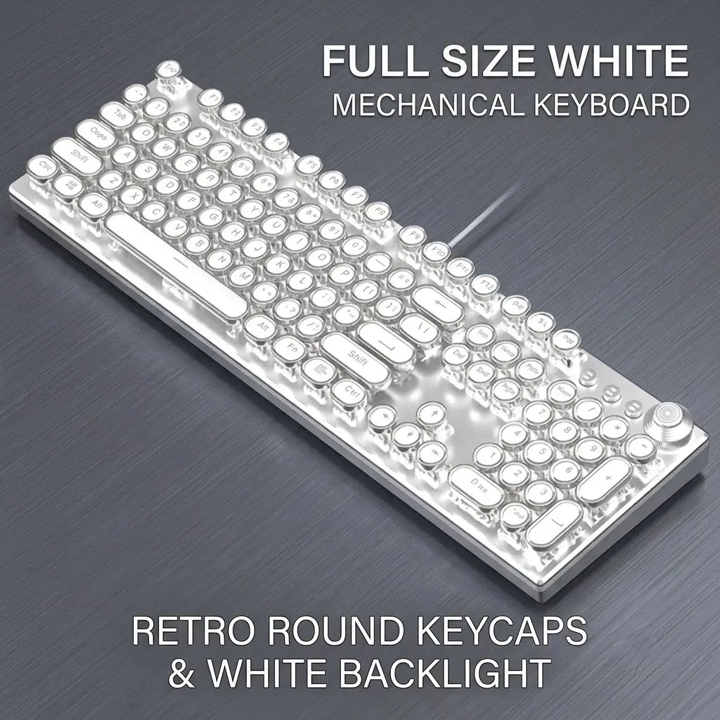 Retro Aesthetic White Mechanical Keyboard - Multi-Function Knob, Vintage Round Keycaps, White Backlight Clicky Design for Office Desk Setup