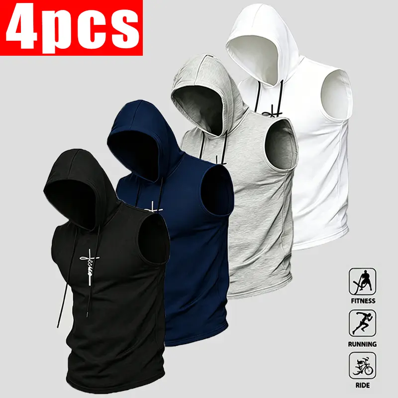 Men’s Sleeveless Hooded Tank Top - Street-Style Cross Print, Sleeveless Cut Frees Every Rep, Gym-To-Urban Transition, Street-Ready Look, Athletic Fitness Tank Tops