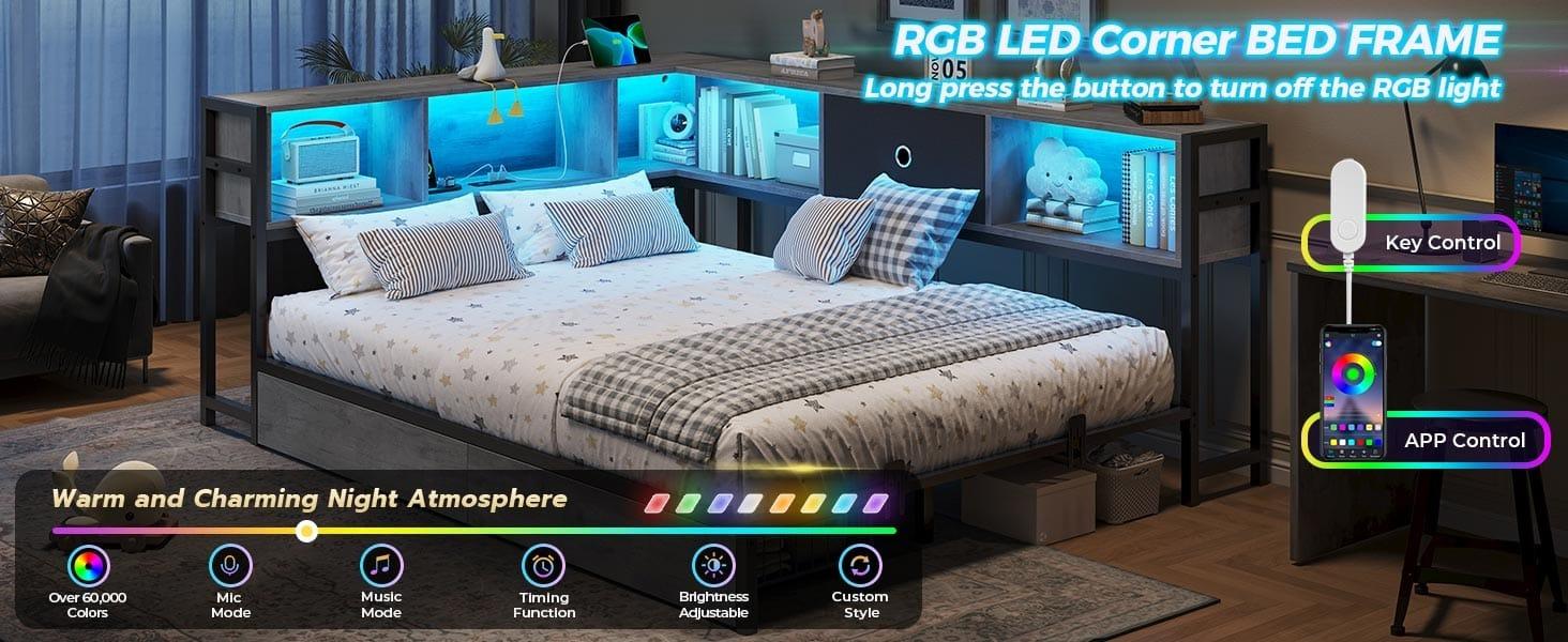 Sikaic LED Daybed with Storage Drawers and Bookcase Headboard Oak Gray Sikaic LED Daybed with Storage Drawers and Bookcase Headboard Oak Gray