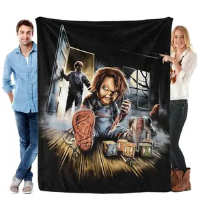Chucky Horror Movie Icon Flannel Blanket Child’s Play Chucky Doll Throw with Spooky Scene Design – Ultra-Soft, Cozy, Perfect for Slasher Film Fans, Halloween Decor, Movie Nights and Gifting to Horror Enthusiasts