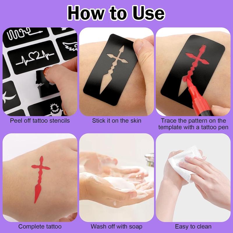 Ponhey Temporary Tattoo Markers for Skin, 24 Body Markers+67 Large Tattoo Stencils,Dual-End Tattoo Pens,Fine Lines with Cosmetic-Grade,Flexible, Skin-Safe Face Paint Kit for Teenage Adults