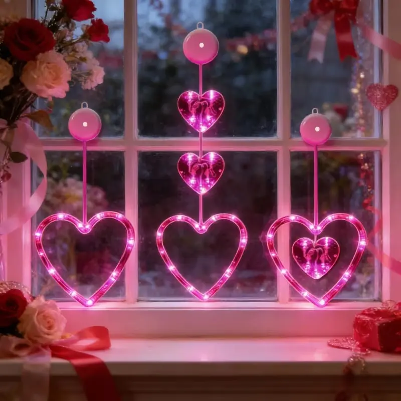 1/3 Pack Valentine'S Day Window Party Light Decoration | Red Glowing Heart-Shaped LED Lights with Suction Cup, Battery-Powered, Suitable for 2026 Holiday Fireplace Indoor Outdoor Home Decoration
