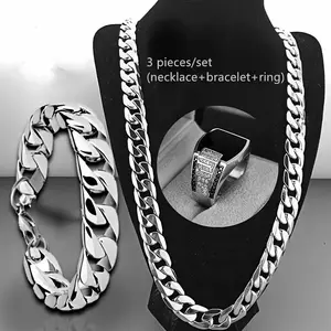 3pcs Men's Jewelry Set - Stainless Steel Necklace & Copper Ring with Black Cubic, 8mm Chain Wedding/engagement Bands for Daily Wear, Gift for Boyfriend (Unplated Durable Male Accessories)