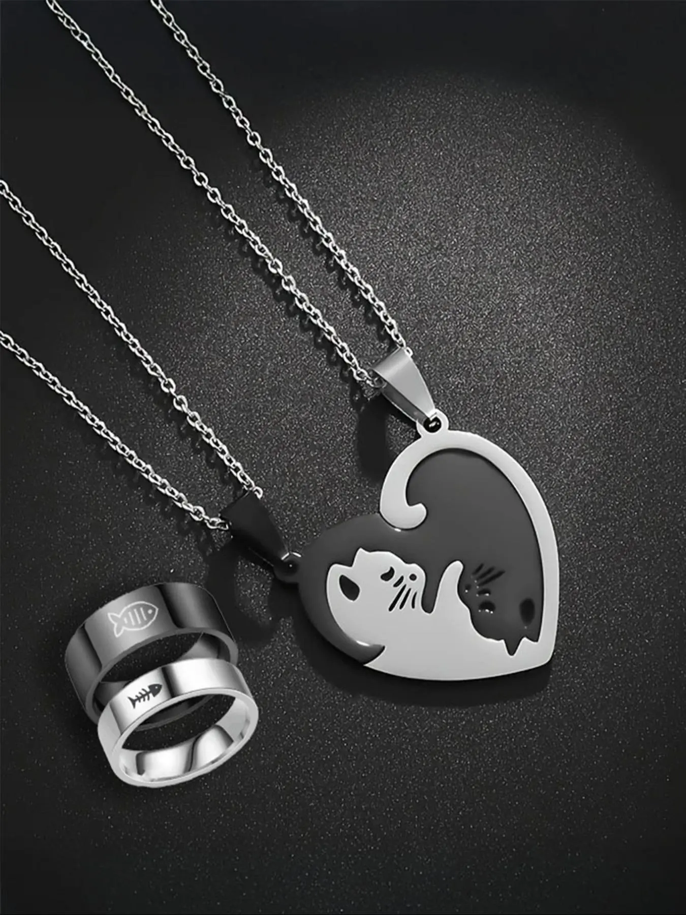 Cute Cat Design Pendant Necklace & Ring & Bracelet, Stainless Steel for Women & Men, Trendy All-match & Exquisite Matching Fashionable Jewelry Set for Birthday Gift