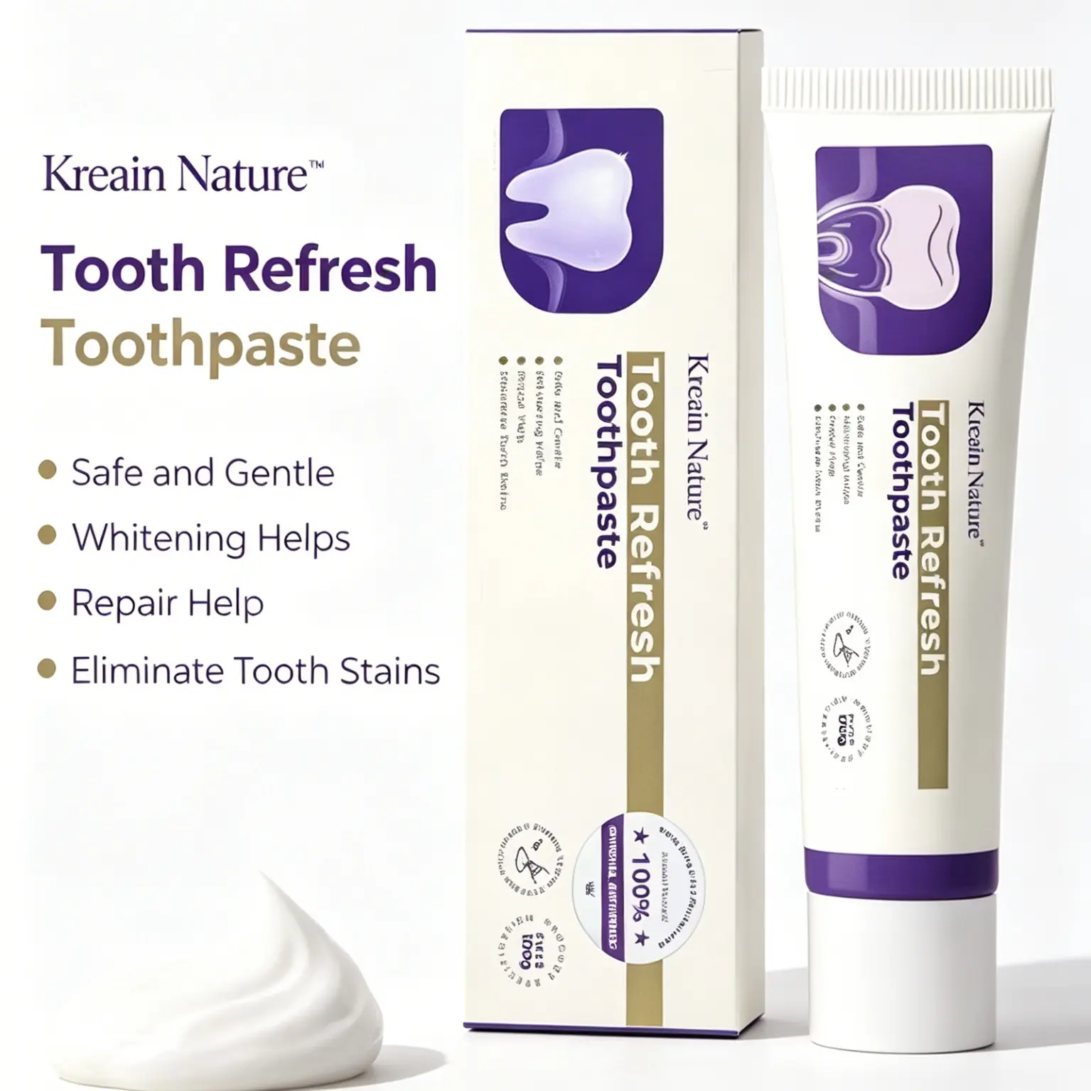 Kreain Nature Tooth Refresh Toothpaste for Fresh Breath Natural Ingredients Gentle Care Whitening Helps Repair Stains Eliminate Stains.