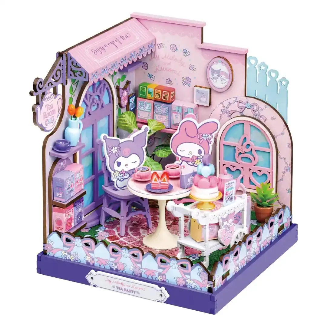 Hands Craft DIY Wooden Puzzle Kit - Handcrafted My Melody & Kuromi Tea Party Themed Wood Block 3-D Puzzle with Fencing, Book Nooks, Tables and Chairs - Gift for Toys & Hobbies Enthusiasts, Art Puzzles Gift