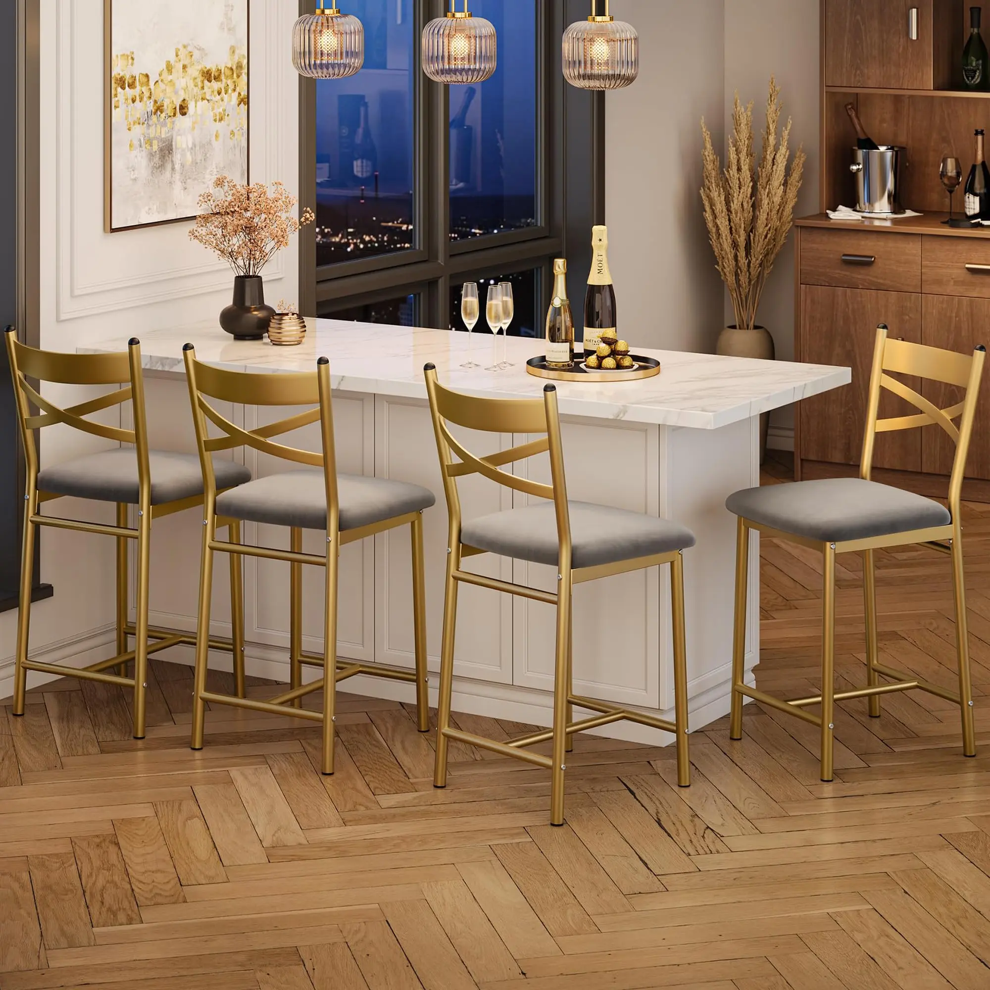 Garvee Set of 4 Metal Counter Height Dining Chairs with X-Back Design, Thick Synthetic Leather Cushions, and Waterproof Surface for Durable and Stylish Dining Seating