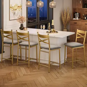 Garvee Set of 4 Metal Counter Height Dining Chairs with X-Back Design, Thick Synthetic Leather Cushions, and Waterproof Surface for Durable and Stylish Dining Seating