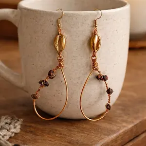 Cowrie Shell Copper Goddess Hoop Earrings – Handmade Boho Jewelry