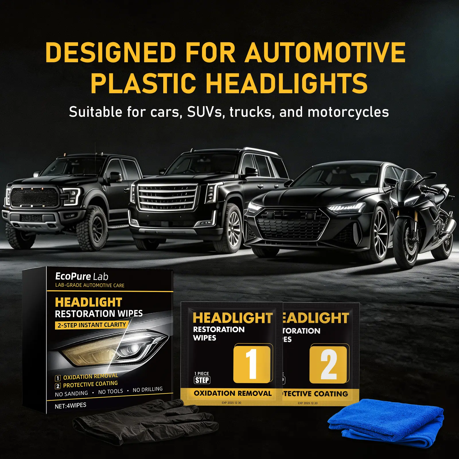 EcoPure Lab Car Headlight Restoration Wipes – Repair Oxidized, Yellowed, and Cloudy Headlights, Enhance Crystal Coating Protection, Restore Headlight Clarity