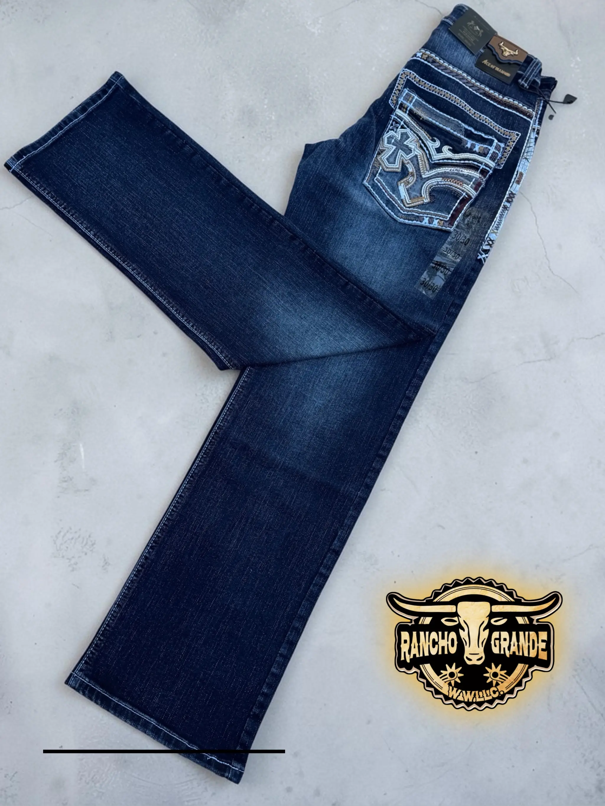 Ace- 1475 Dark Blue Men's Western Cowboy Jeans Straight Fit Boot Cut / Pantalon Vaquero para Hombre corte Bota