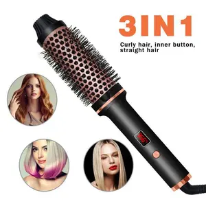 3-in-1 Ionic Thermal Styling Brush Auto-Rotating Barrel Hair Curler Straightener & Blow Dryer with LED Display Professional Heat Pro Tool for Quick Styling - Adjustable