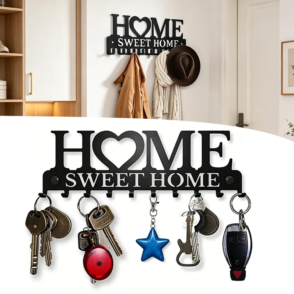 summerwins Metal "Home Sweet Home" Letter Design Wall-Mounted Multifunctional Key Holder - 1-Count Hanging Rack with Light, Hat Hooks, Wall Shelf, House & Entryway Decor Organizer for Door Hallway, Ideal Gift, Shelves
