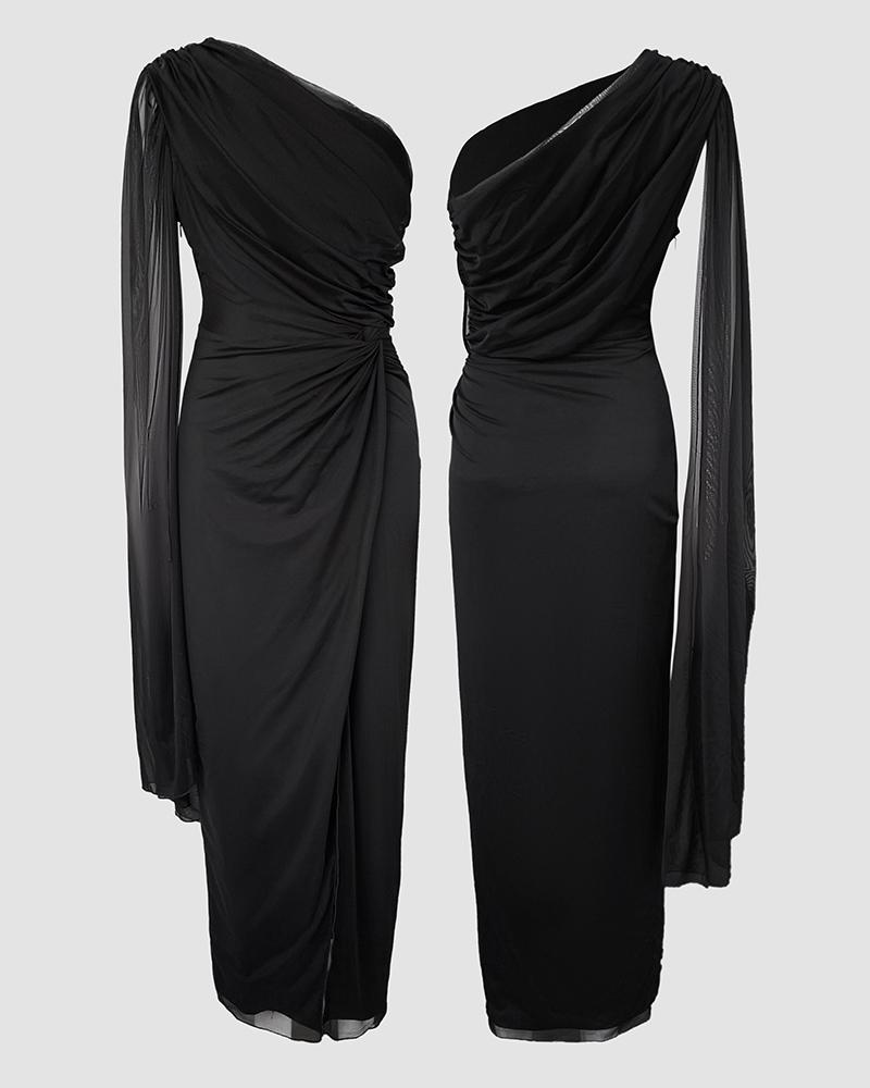 ChicMe Women's One Shoulder Valentine's Day Cloak Sleeve Ruched Twist Waist Evening Dress Waist Gathered Wedding Guest Slit Wedding Party Dress