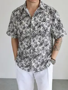Men's Tropical Palm Tree Print Beach Shirt | Breathable Linen Short Sleeve Button Down | Summer Vacation Outfits Casual Top
