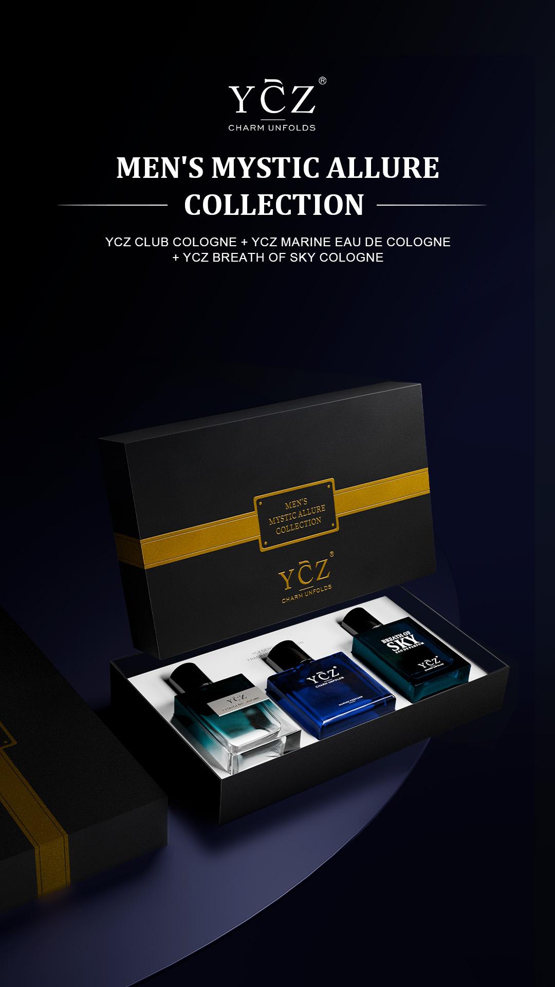 YCZ Men's Mystic Allure Collection Fragrance Set YCZ Marine Eau De Cologne Club Cologne Breath of Sky Cologne Fruity Rose Amber Notes Gift Box Packaging Long Lasting Light Scent Masterpiece Trio Signature Scents
