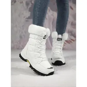 Women's Fashion Winter Snow Boots, Lace Up Boots, Stylish Faux Fur Design, Anti-Slip Thickened Warm Shoes, Waterproof Mid-Calf Boots for Outdoor UseGift