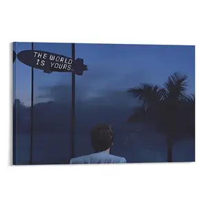 Scarface Tony Montana poster, "The World is Yours" movie scene canvas print, perfect for office or room decoration, inspiring success and enhancing home aesthetics. Available in sizes,with or without frame options.