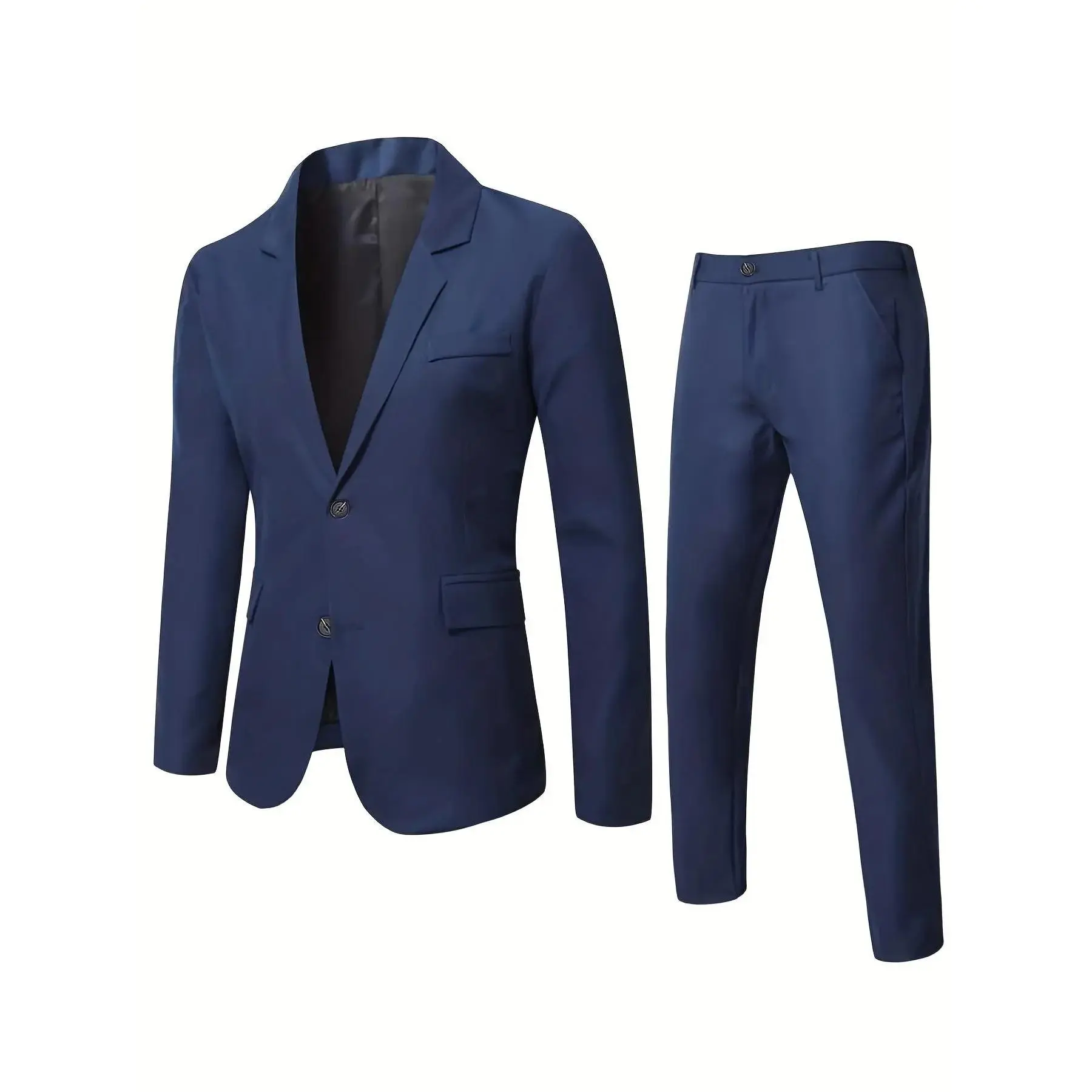 Men's Solid Lapel Long Sleeve & Pocket Pants Suit Set, Business Attire Clothes, Slim Business Formal Suit Set for Work Office, for All Seasons, Warm, Cozy, Modern, Breathable, Comfortable