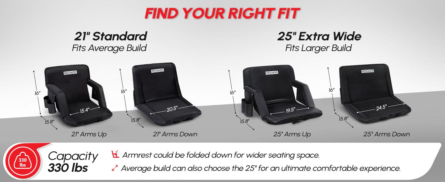 PEXMOR Folding Stadium Seats for Bleachers w/Back Support, Bleacher Chair w/Cushion & Armrest, 5-Reclining Position Portable Padded Stadium Chair w/Pockets, Carrying Bag(2 PCS) Beverage Pouch Straps
