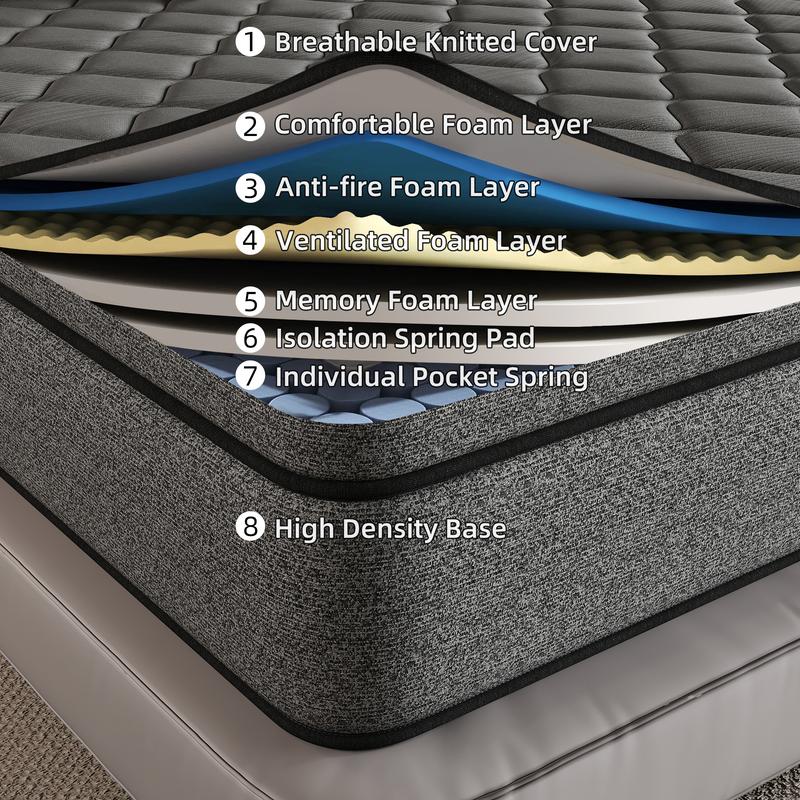 mattress Comfortable Sleep Solution 10"/12"/14" Hybrid Mattress with Gel Memory Foam & Individually Wrapped Coils for Medium Firmness Cool Sleep Support Fits Twin Full Queen King Sizes