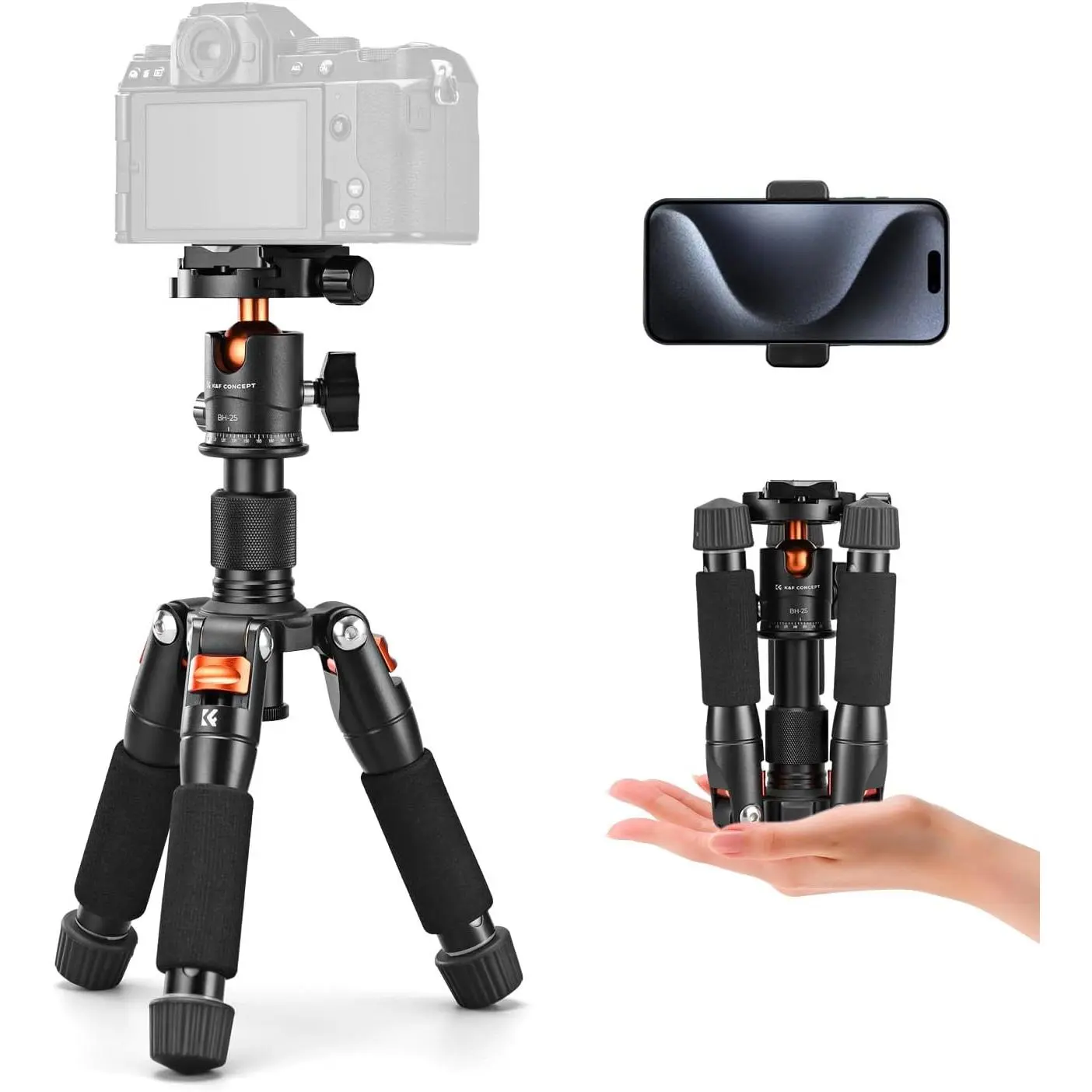 K&F CONCEPT Retractable Mini Desktop Tripod Stand - 20.5in/52cm Compact, 360-Degree Ball Head, 1/4-Inch Quick Release Plate, 13.22lbs/6KG Load for Digital Camera, Smartphone, Equipment, Photography & Video Recording Accessories