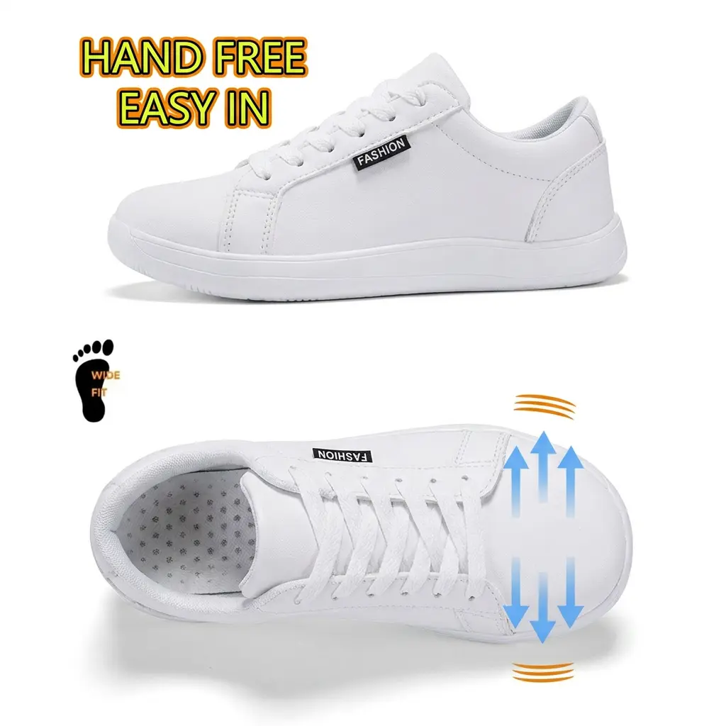Women's Wide Fit Waterproof Full PU Leather Casual White Sneakers - Roomy Wide Toe Box, Hands-Free Step-In Lazy Slip-Ons, Breathable Perforated Insole, Wear-Resistant Flat Sole Athletic Walking Footwear for All Seasons, Walking Shoes, Women's Shoes, Sneak