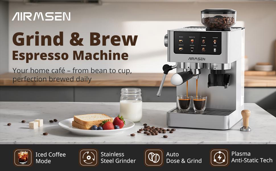 Espresso Coffee Machine with Grinder,20 Bar,Household Stainless Steel, Professional Espresso Maker with Removable Water Tank,Milk Frother BCM2316