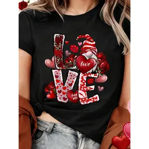 Graphic Tee 100% pure cotton, cute short heart-shaped rose print short-sleeve round neck T-shirt, spring and summer casual top, women's clothing birthday gift holiday gift
