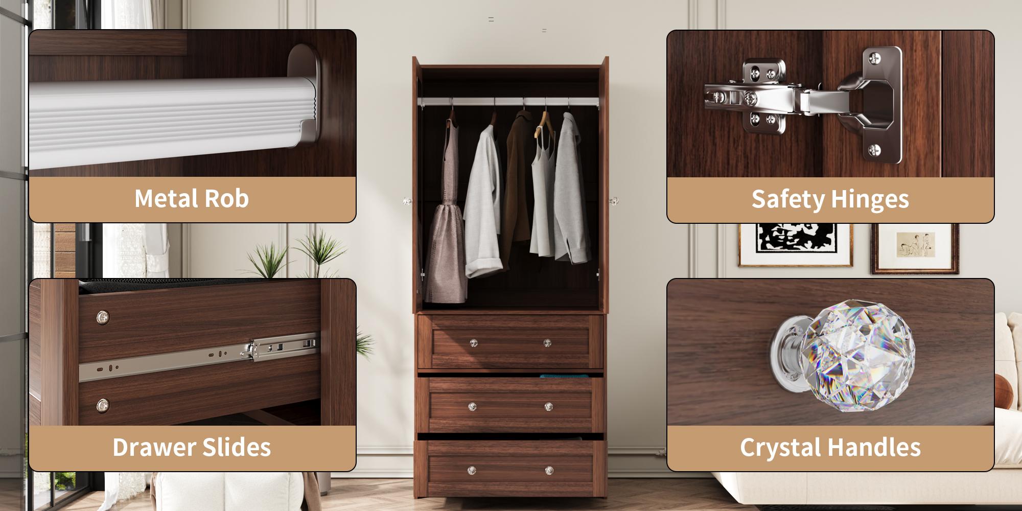 VOWNER Wooden Freestanding Wardrobe, 71" High Solid Wooden Bedroom Wardrobe with 2 Doors and 3 Drawers, With Hanging Rod, Bedroom, Living Room, White