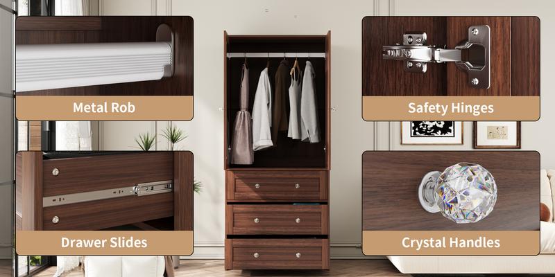 VOWNER Wooden Freestanding Wardrobe, 71" High Solid Wooden Bedroom Wardrobe with 2 Doors and 3 Drawers, With Hanging Rod, Bedroom, Living Room, White