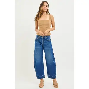 Women RISEN Mid Rise Barrel Jeans Cropped Denim Casual Everyday Style Streetwear Cotton