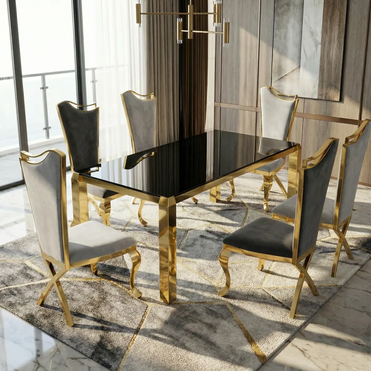 [Bellemave]（excluding chairs）Luxury Gold Modern 63" Dining Table - 201 Stainless Steel PVD Plated, 10mm Black Tempered Glass, Seats 6  for Kitchen & Dining Room