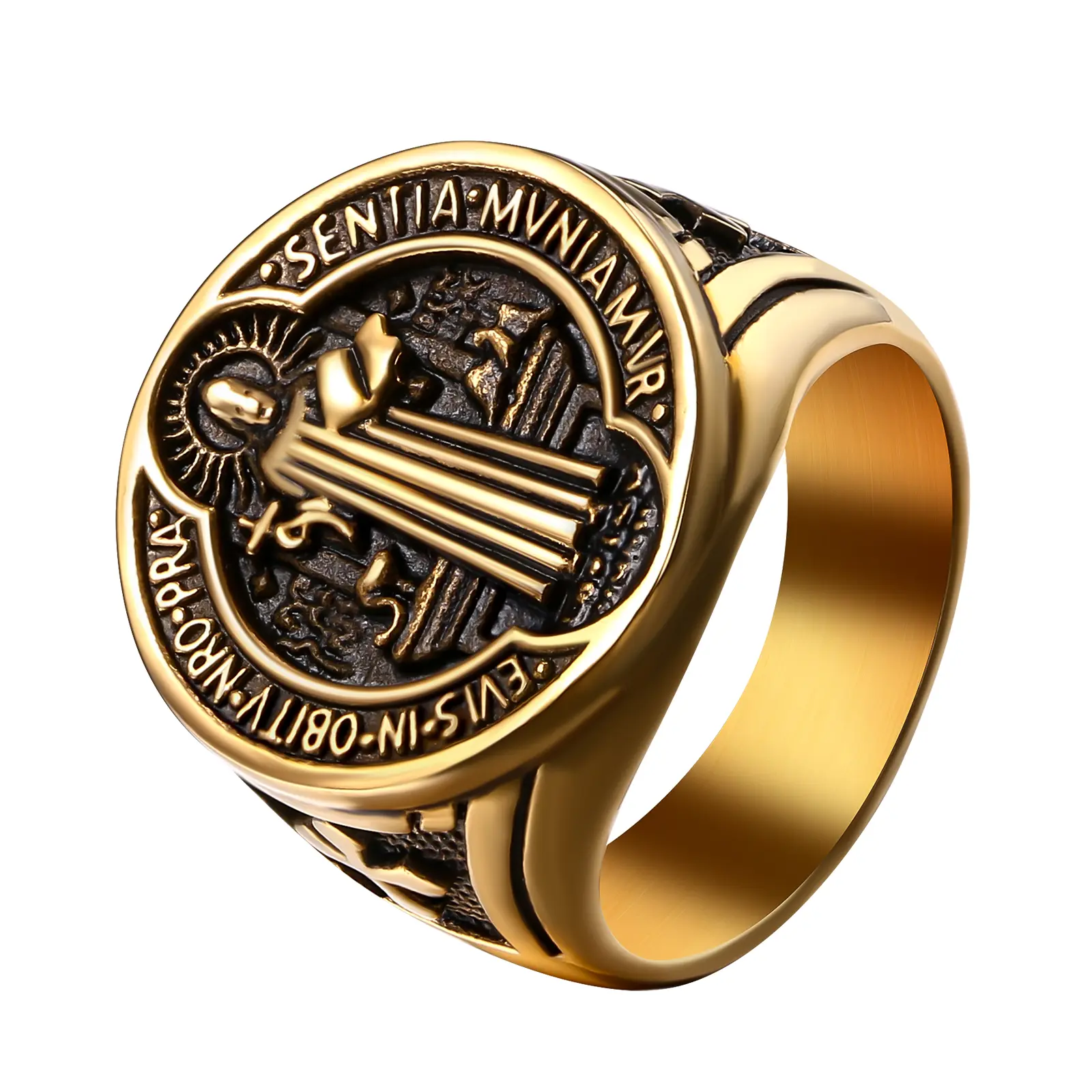 OIDEA Men's Gold-Tone Stainless Steel Engraved Seal Faith Ring - Scratch-Proof Metal Coating, Catholic Saint Benedict Cross Motif, Exorcism Religious Amulet, Multi-Size Fashion Jewelry Gift, Faith Rings summerwins