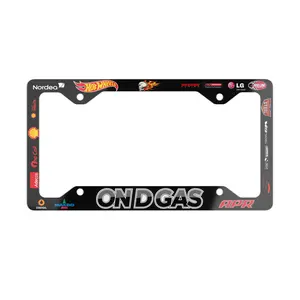 Racer Logo Border Metal License Plate Frame | ON D GAS, automotive decal accents