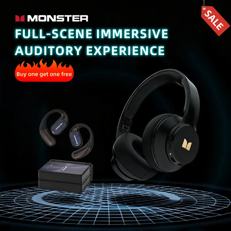 Monster Over-Ear Noise-Cancelling Module Wireless Headphones & Earbuds Combo Set (Black) - Portable Foldable, Deep Bass Punch, Waterproof Bluetooth 6.0 Earbuds with 100H Long Playtime, Cool Gifts for Adults, Ideal for Gym, Travel - TikTokShopBackToSchool